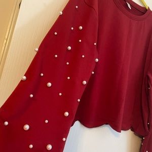 Cropped Red Sweater with pearls